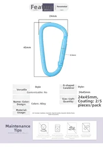 Detailed specs for a light blue D-ring alloy carabiner with 45x24mm dimensions