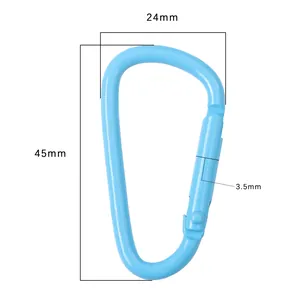 Blue D-ring aluminum carabiner clip with spring gate, dimensions 45mm x 24mm x 3.5mm