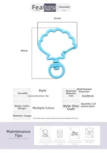 Detailed view of light blue shell-shaped painted iron keychain DIY accessories 31x39mm
