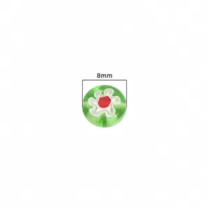 8mm light green translucent millefiori glass bead with red and white floral patterns