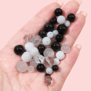 Perles rondes en verre poli noires, blanches et transparentes pour fabrication de bijoux