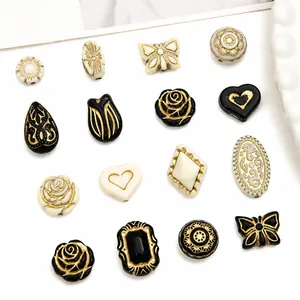 French vintage acrylic beads in black and ivory with gold trim for DIY jewelry