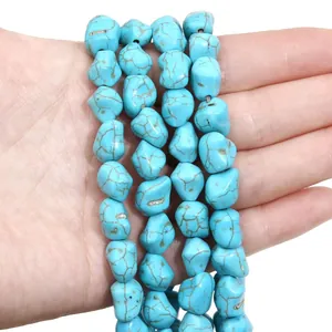 Three strands of pebble-shaped blue turquoise beads with natural brown matrix veins