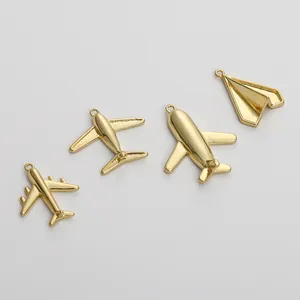 Set of four 14K gold-plated copper airplane charms for DIY jewelry and necklaces