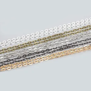 Detail of O-shaped metal jewelry chains in gold, silver, rose gold, and black finishes