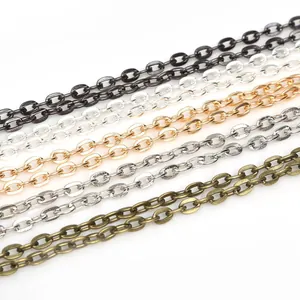DIY jewelry making O-shaped metal chains in five metallic finishes on white background
