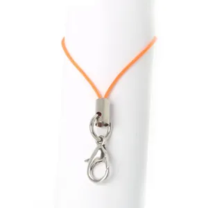 Bright orange woven mobile phone lanyard with silver lobster clasp on a display stand