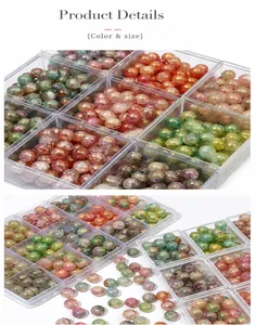 Detailed view of colorful 10mm crackle glass beads sorted in a clear plastic organizer box
