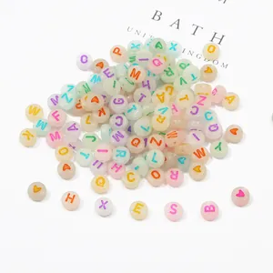 Luminous acrylic flat round alphabet beads with colorful hearts for DIY jewelry making