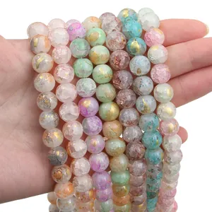 Handmade cracked glass beads with gold foil accents in mixed macaron colors for DIY jewelry
