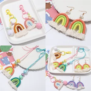 Handmade woven rainbow pendant with tassels and pearls for bags or keychains accessories