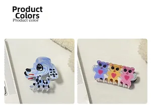 Détail des pinces à cheveux en acrylique motif chien tacheté et oursons à cœurs