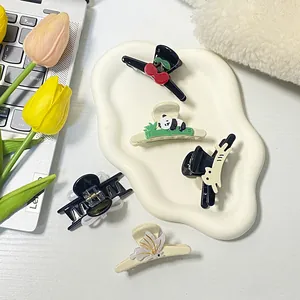 Cute panda and cherry small hair clips set in black, white and beige colors