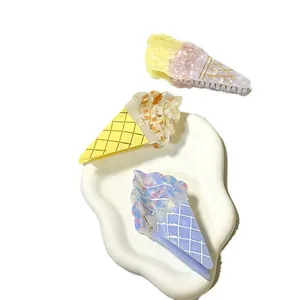 Set di 3 mollette per capelli a forma di cono gelato con trama marmorizzata color pastello