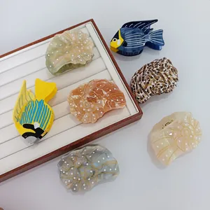 Pinces à cheveux série océan en acétate, formes de coquillages et poissons, tons nacrés