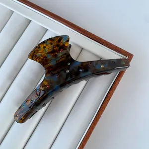 Elegant tortoise shell acetate hair claw clip with colorful rhinestones for women