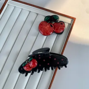 Acetat Kirschfrucht Haarkralle Für Damen 3D Süße Rote Kirsche Strass Schwarze Haarklammer Haarschmuck