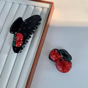Haarklammer-Set mit Acetat-Kirsch-Design, schwarze Haarkralle und rote Strass-Kirschen