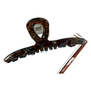 Tortoise shell acetate hair claw clip with colorful rhinestones for elegant styling