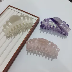 Large 14cm crown acetate hair claw clips for thick hair in white pink and marble purple