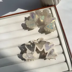 Korean Style Acetate Heart Hair Claw Clip For Women Elegant Marble Texture Glitter Rhinestone Mermaid Color Hair Accessory