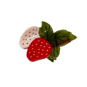 Pince à cheveux fraise mignonne en acétate avec un design rouge et vert vif