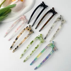 French Vintage Acetate Bow Hair Fork U Shaped Hair Stick Elegant Marble Tortoiseshell Hair Accessories For Women Bun Styling