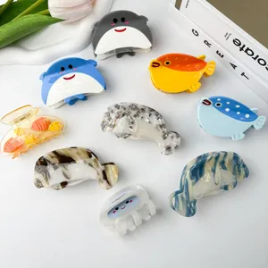 Pince Crabe en Acétate Animaux Marins pour Femmes Texture Marbre Français Forme Lamantin Poisson Globe Méduse Raie Grandes Pinces à Cheveux Accessoire