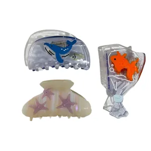 Drei Meeres-Haarklammern-Set mit Motiven von Blauwal, Goldfisch und Seestern für Damen