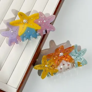 Acetate Starfish Hair Claw Cute Shark Clip With Faux Artificial Pearl Rhinestone Ocean Theme Hair Accessories For Women Hair Styling
