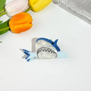 White marble texture acetate shark hair claw clip with blue fins for ocean series