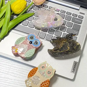 Elegante Schwan- und Eulen-Haarklammern aus Acetat mit Strass auf Laptop-Oberfläche