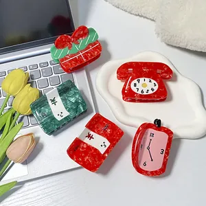 Creative acetate hair claws featuring retro clock, telephone, and gift box designs