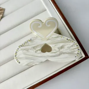 Rhinestone heart hair claw clip with cream acetate marble texture for women