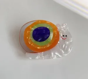Detailed top view of a colorful snail hair claw clip made of polished acetate material