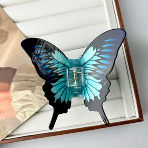 Elegant gradient blue butterfly hair claw clip for women's half-up hairstyles