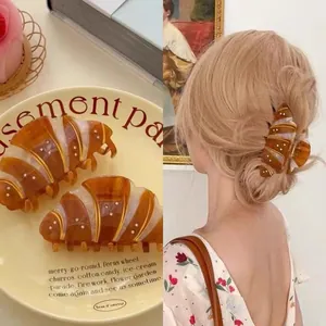 French Vintage Croissant Bread Hair Claw Clip Funny Food Shape Rhinestone Acetate Shark Clip Elegant Hair Accessory For Women