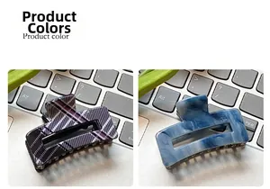 Detail view of square hair claws in purple plaid and blue marble acetate patterns