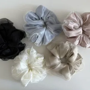 Five assorted mesh scrunchies in pastel colors including black, blue, pink and champagne