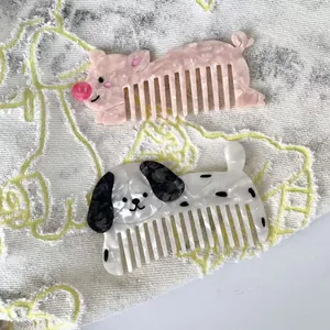 Cute acetate hair combs set with pink pig and dalmatian dog animal shapes for daily hair care