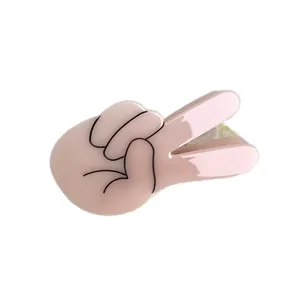 Pink acetate claw clip in cartoon V-gesture shape with glossy finish for women