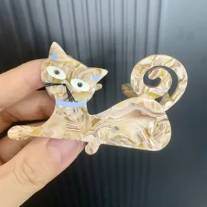 French chic acetate dog hair clip with marble texture and rhinestones for women