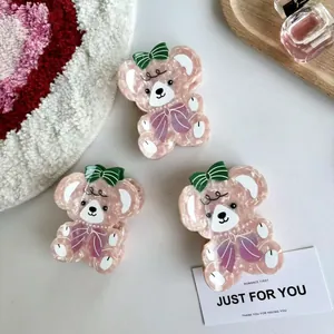 Dreiteiliges Set rosa Haarklammern aus Acetat im Bären-Design mit süßen lila Schleifen