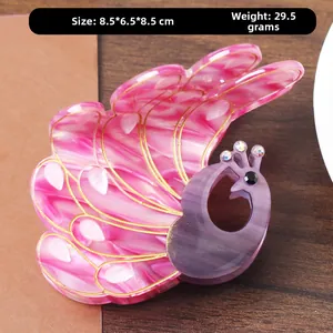 Peacock acetate hair claw clip with pink purple marble finish and rhinestones 8.5x8.5cm