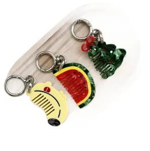 Cute acetate cartoon animal and fruit mini hair combs with metallic keyrings