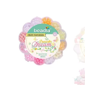 Kids DIY jewelry kit with colorful acrylic beads in a flower-shaped container