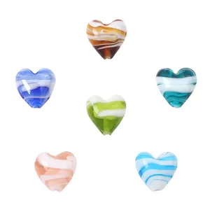Set of 6 colorful heart-shaped glass beads with swirl patterns for DIY jewelry making