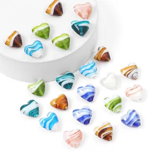 Colorful heart-shaped glass beads with marble texture and vertical holes for DIY jewelry