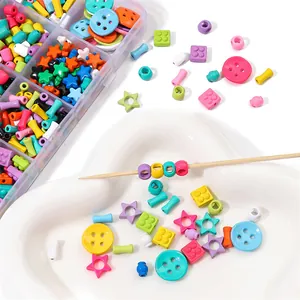 DIY colorful cartoon beads set with stars and buttons in a transparent storage box