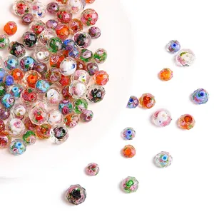Faceted millefiori glass rondelle beads with floral rose pattern for DIY jewelry making
